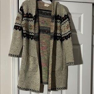 Elegant Beige Hooded Cardigan with Patterned Accents